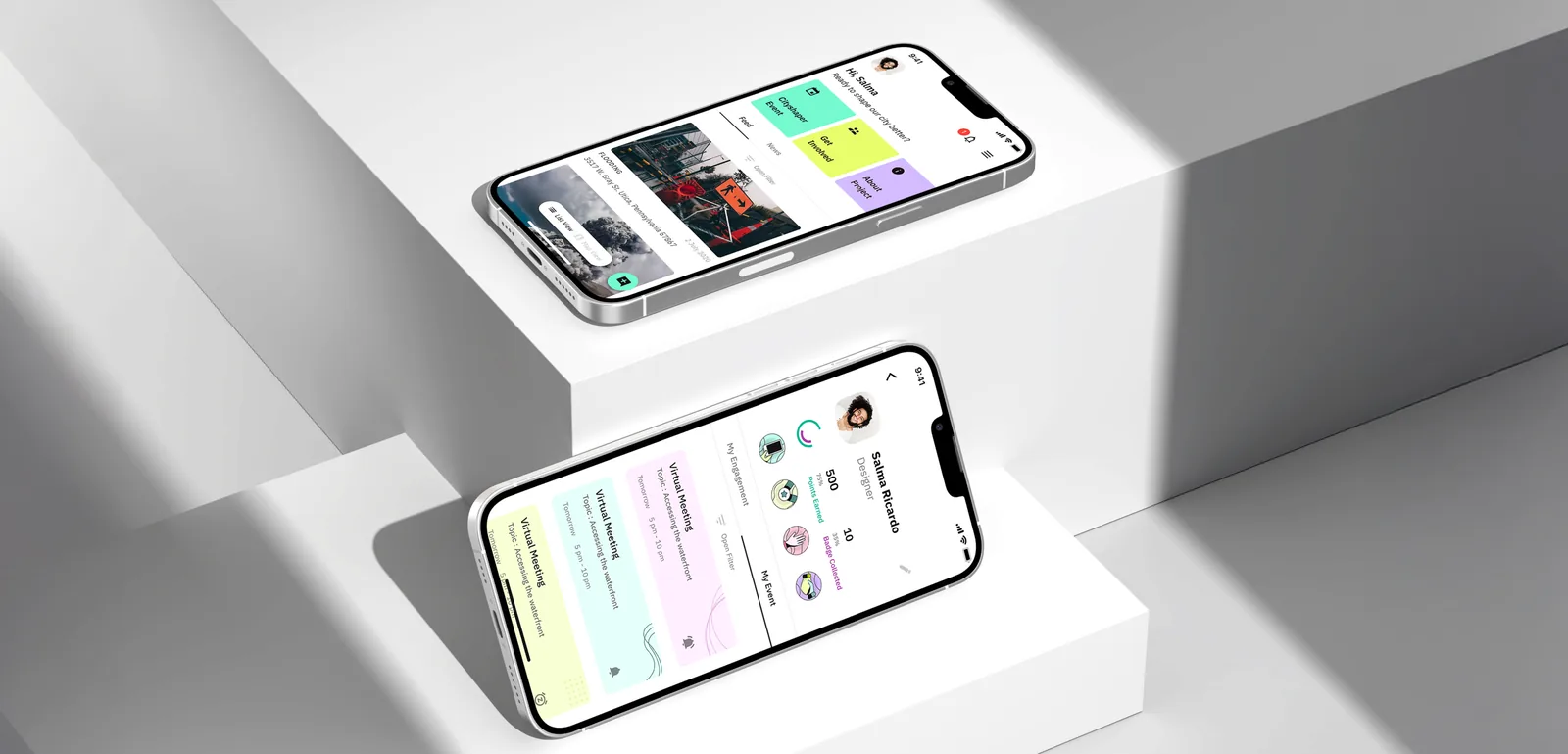 Two iPhones showing the Irys mobile app on white display plinths