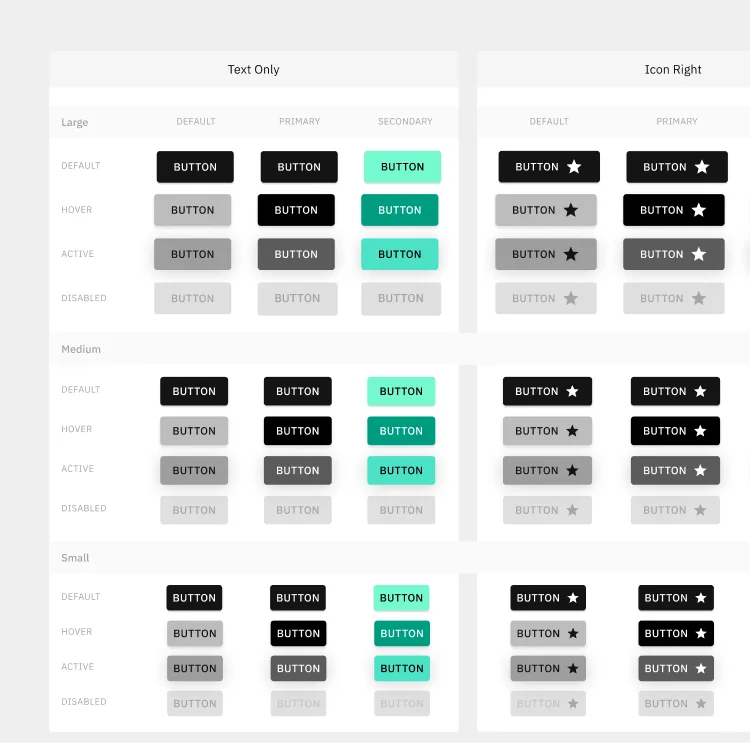 Component variants — buttons, inputs, cards — designed for both mobile and dashboard